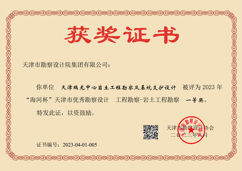 9888拉斯维加斯集团加入天津瑞龙中心岩土工程勘探及基坑支护设计项目荣获天津市“海河杯”一等奖