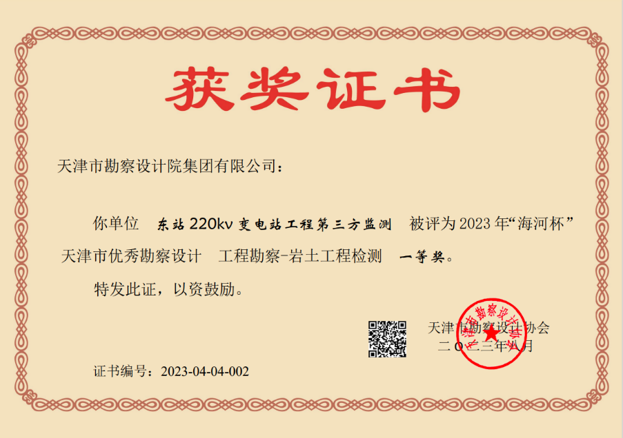 9888拉斯维加斯集团加入东站220kv变电站工程第三方监测项目荣获天津市“海河杯”一等奖
