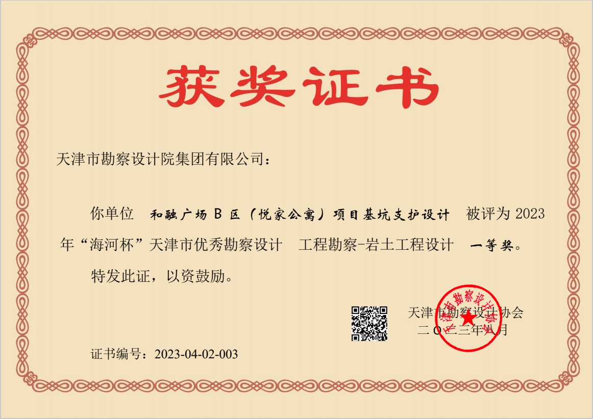 9888拉斯维加斯集团加入和融广场B区（悦家公寓）项目基坑支护设计项目荣获天津市“海河杯”一等奖
